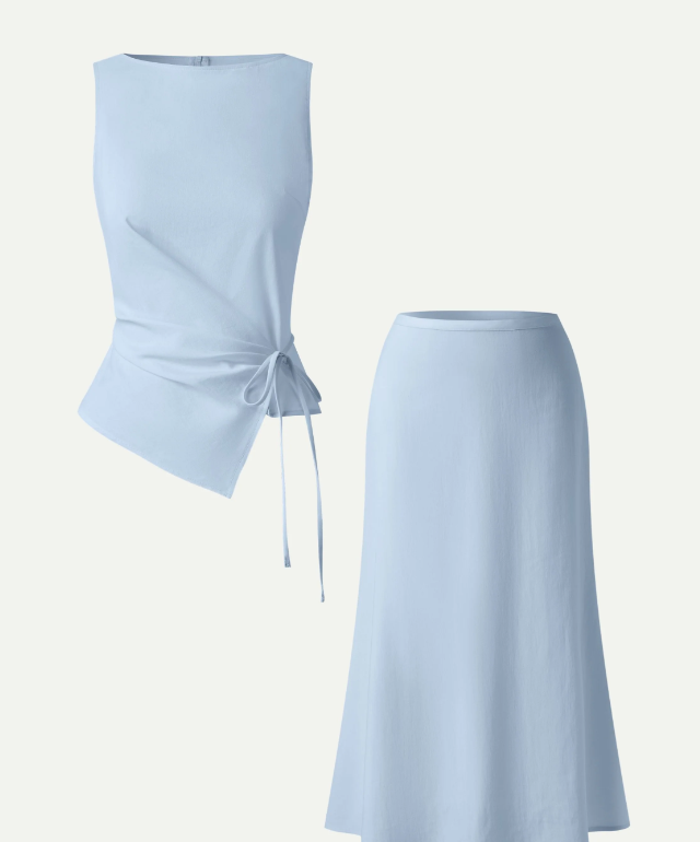 2Pcs Set Boatneck Waist-Defined Top & Maxi Flared Pull-On Skirt