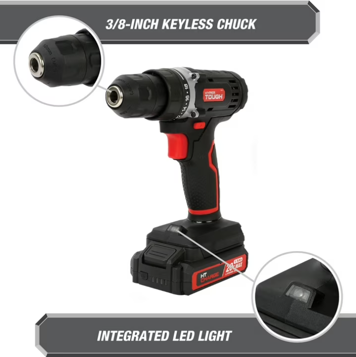 Hyper Tough 20V 70-Piece Cordless Drill Project Kit with 1.5Ah Battery