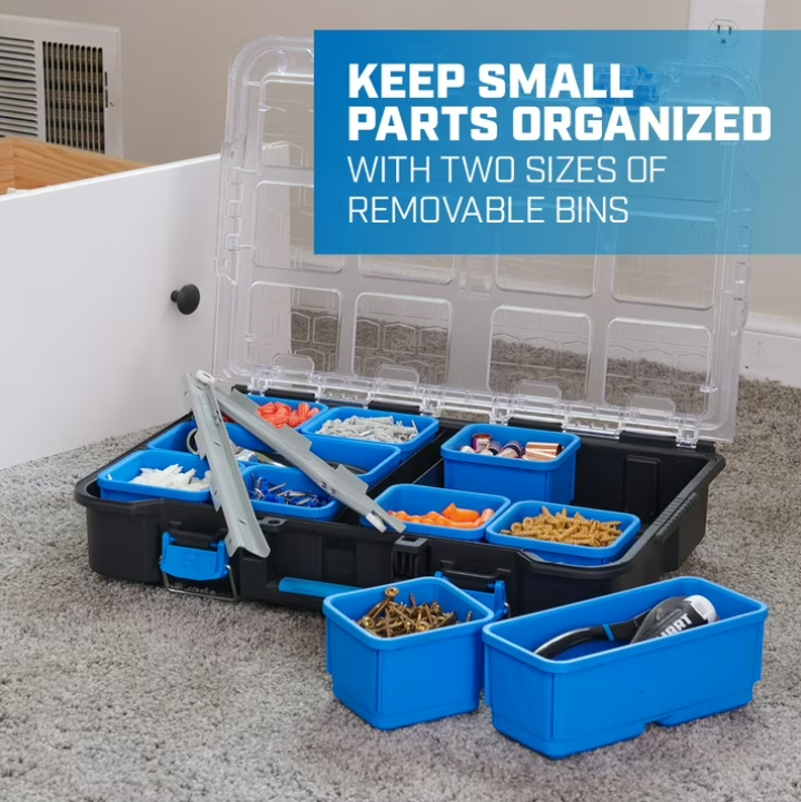HART Stack System Small Parts Organizer with Removable Bins, Black with Blue Accents
