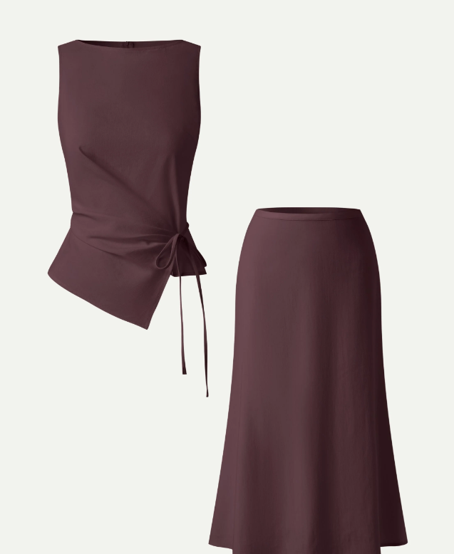 2Pcs Set Boatneck Waist-Defined Top & Maxi Flared Pull-On Skirt