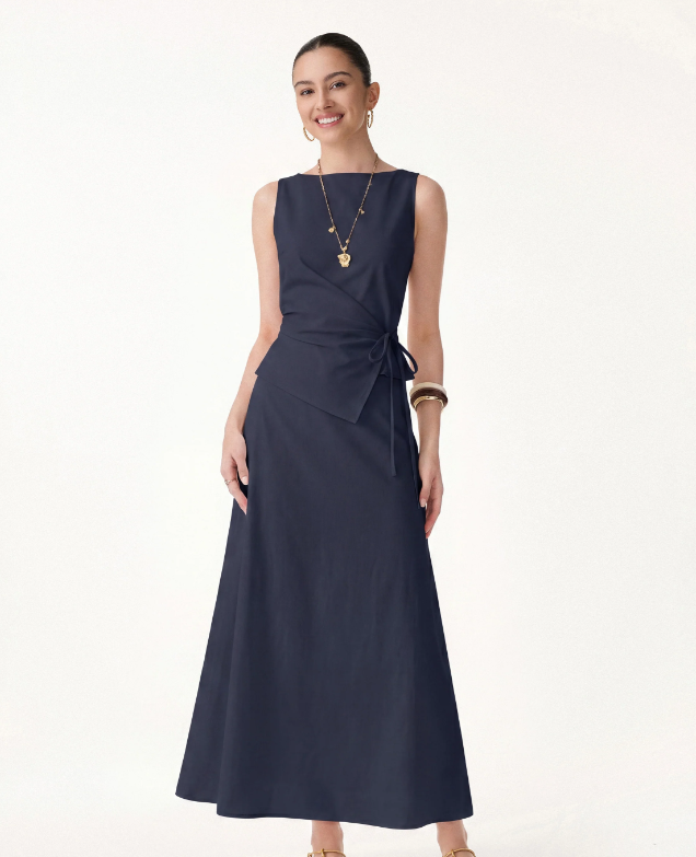 2Pcs Set Boatneck Waist-Defined Top & Maxi Flared Pull-On Skirt
