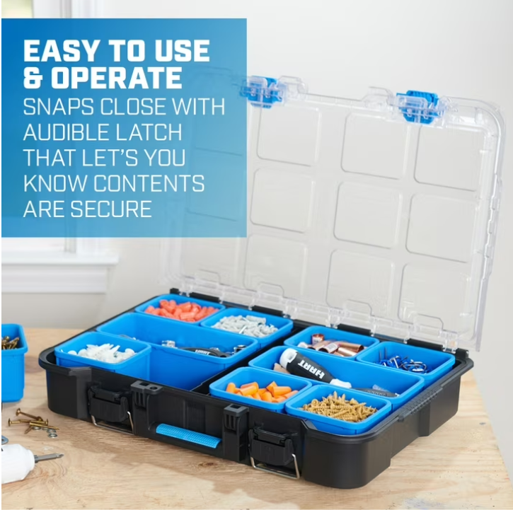 HART Stack System Small Parts Organizer with Removable Bins, Black with Blue Accents
