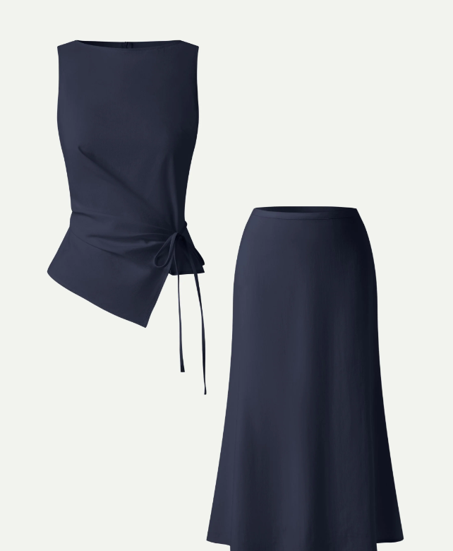 2Pcs Set Boatneck Waist-Defined Top & Maxi Flared Pull-On Skirt