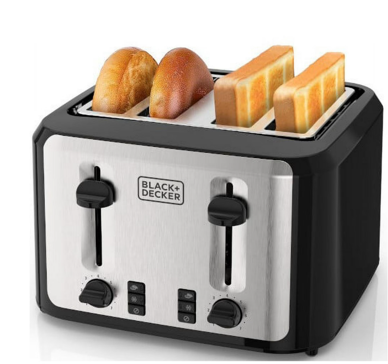 BLACK+DECKER Black/Silver 4‑Slice Toaster with Extra‑Wide Slots, 7 Adjustable Shade Settings, High‑Lift Lever & Drop‑Down Crumb Tray