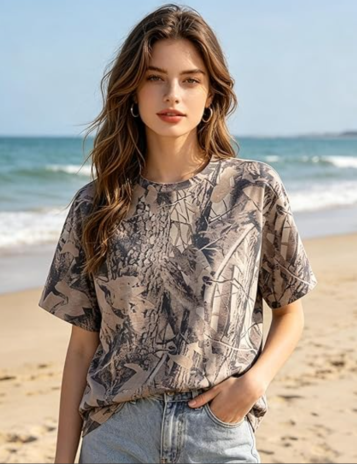 TERIVEEK Camo Shirt Women Mens Oversized Camouflage Print Graphic Tees Maple Leaf Short Sleeve Crewneck T Shirt Streetwear