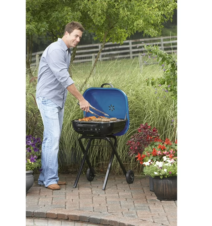 Americana Walk-A-Bout, Original Square Charcoal Grill-100% Pre-Assembled Portable Steel, Blue