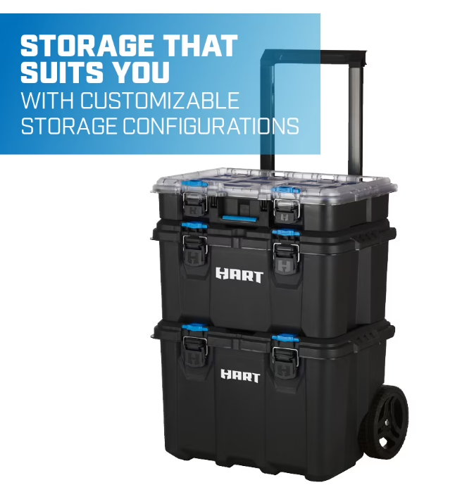 HART Stack System Small Parts Organizer with Removable Bins, Black with Blue Accents