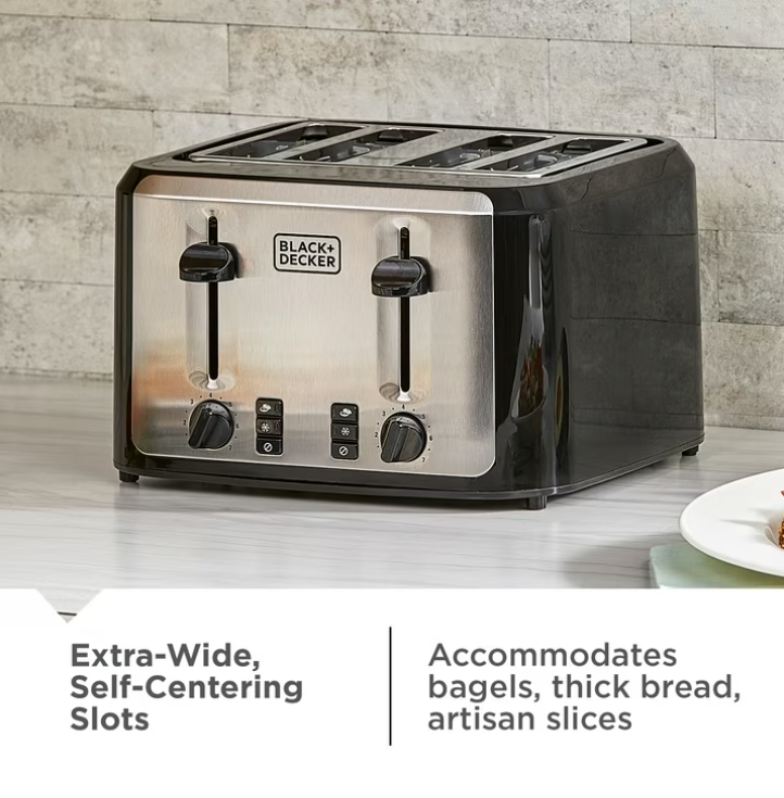 BLACK+DECKER Black/Silver 4‑Slice Toaster with Extra‑Wide Slots, 7 Adjustable Shade Settings, High‑Lift Lever & Drop‑Down Crumb Tray