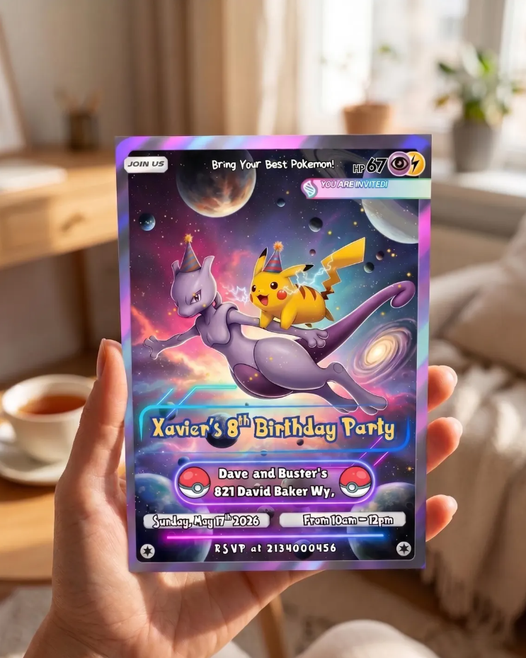 Mewtwo Birthday Invitation, Pokemon Birthday Card, Pikachu Invite for Kids, Galaxy Style Digital Download, Editable Canva Template