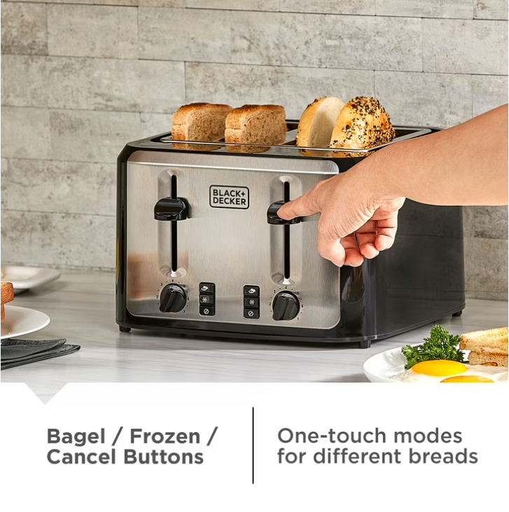 BLACK+DECKER Black/Silver 4‑Slice Toaster with Extra‑Wide Slots, 7 Adjustable Shade Settings, High‑Lift Lever & Drop‑Down Crumb Tray