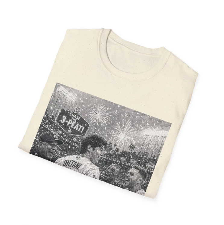 Baseball Team Celebration T-Shirt 3-Peat Shohei Ohtani Players Celebrating World Series Painting Tee Stadium Fireworks Fan Shirt