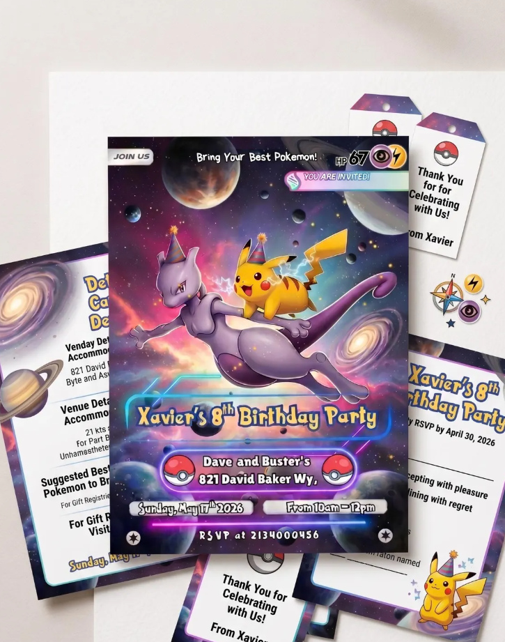 Mewtwo Birthday Invitation, Pokemon Birthday Card, Pikachu Invite for Kids, Galaxy Style Digital Download, Editable Canva Template