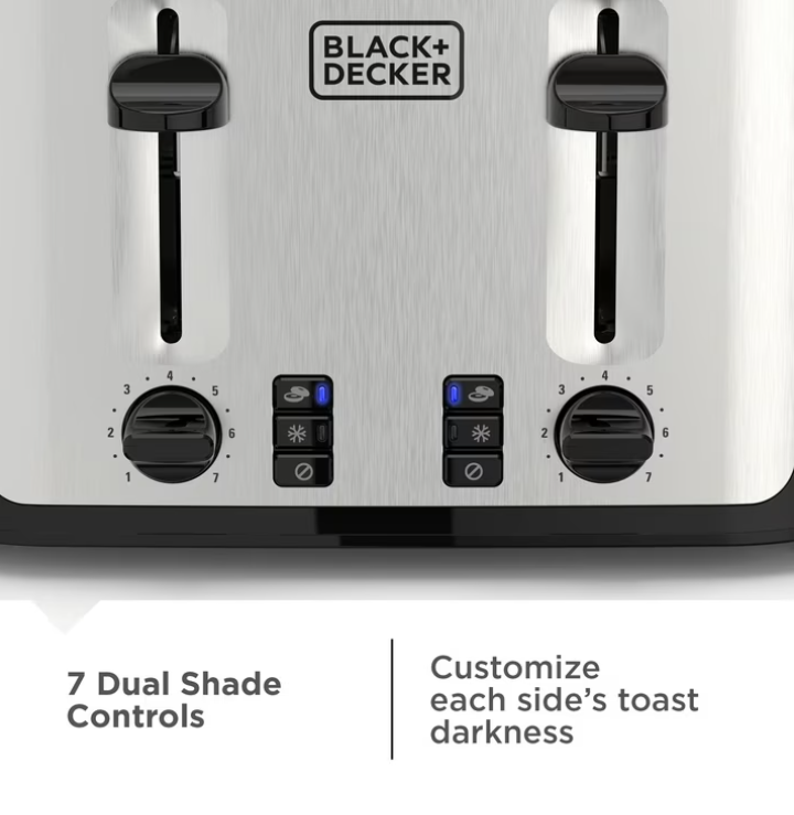 BLACK+DECKER Black/Silver 4‑Slice Toaster with Extra‑Wide Slots, 7 Adjustable Shade Settings, High‑Lift Lever & Drop‑Down Crumb Tray