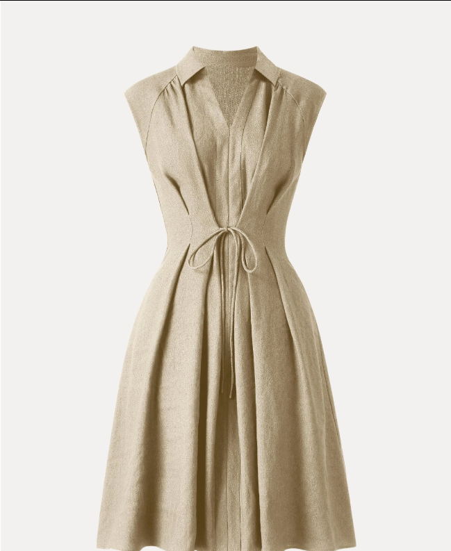 Viscose-Linen Collared V-neck Midi Dress with Drawstring