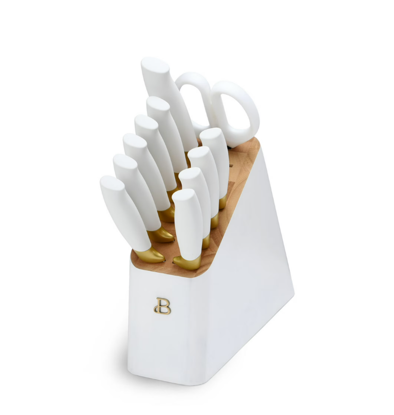 Beautiful 12 Piece Knife Block Set with Soft-Grip Ergonomic Handles White and Gold by Drew Barrymore