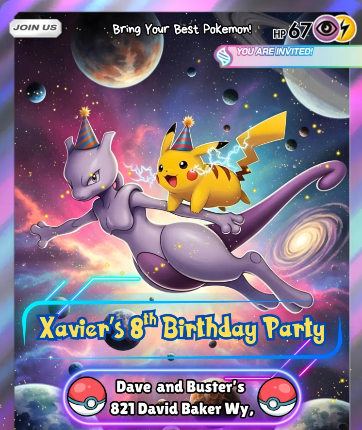 Mewtwo Birthday Invitation, Pokemon Birthday Card, Pikachu Invite for Kids, Galaxy Style Digital Download, Editable Canva Template