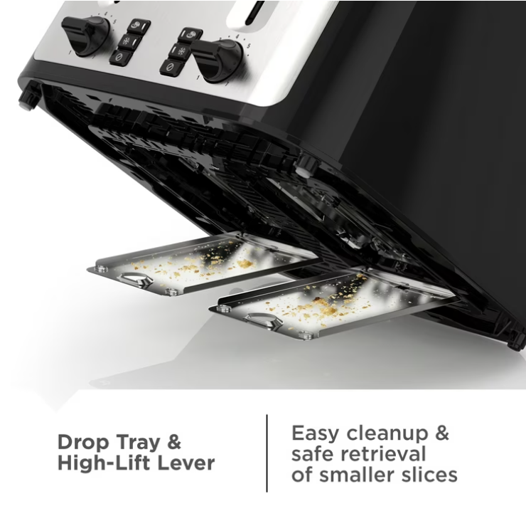 BLACK+DECKER Black/Silver 4‑Slice Toaster with Extra‑Wide Slots, 7 Adjustable Shade Settings, High‑Lift Lever & Drop‑Down Crumb Tray