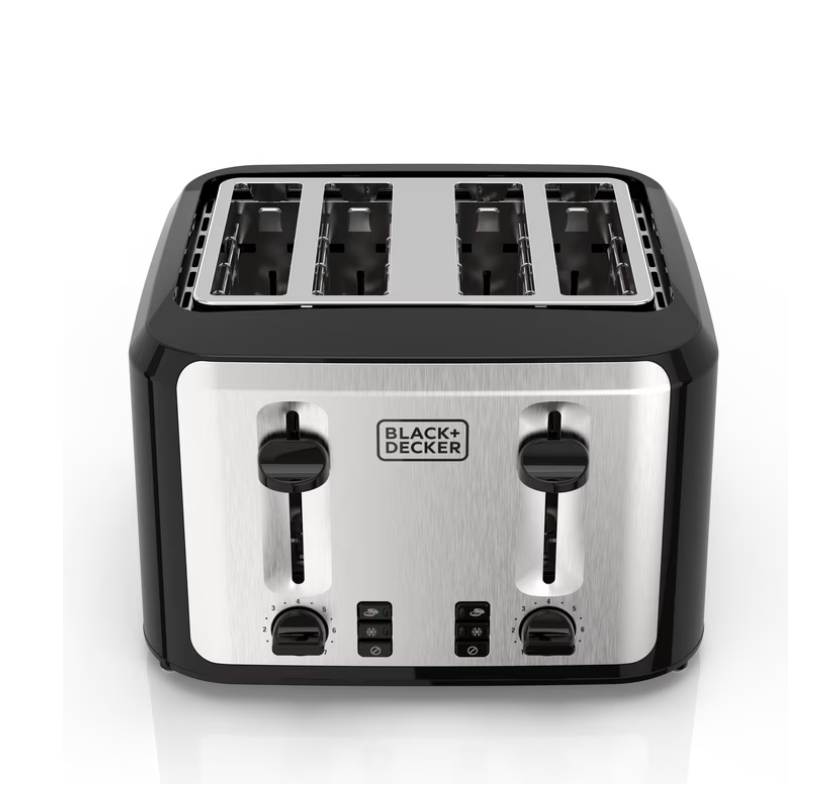 BLACK+DECKER Black/Silver 4‑Slice Toaster with Extra‑Wide Slots, 7 Adjustable Shade Settings, High‑Lift Lever & Drop‑Down Crumb Tray