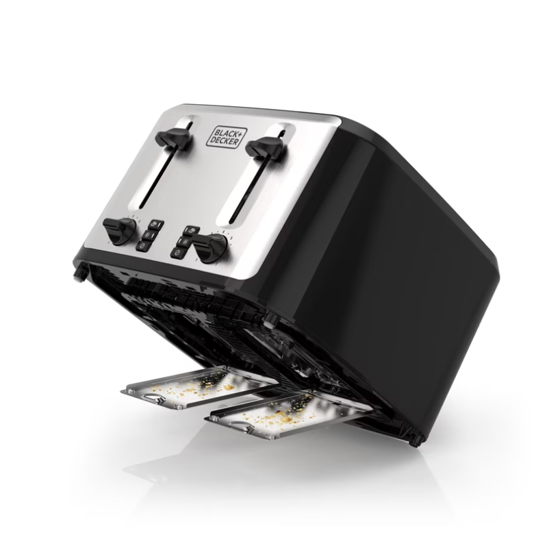 BLACK+DECKER Black/Silver 4‑Slice Toaster with Extra‑Wide Slots, 7 Adjustable Shade Settings, High‑Lift Lever & Drop‑Down Crumb Tray