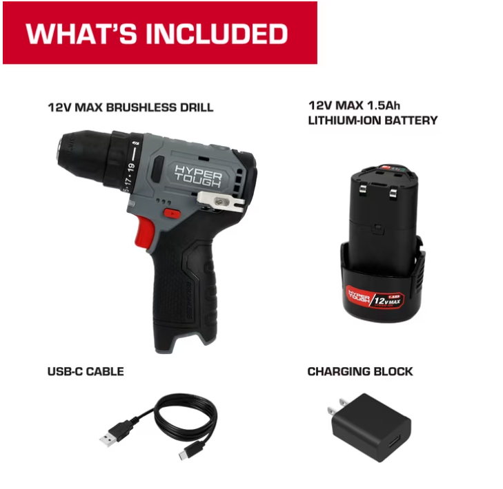 Hyper Tough 12V Brushless Cordless Drill Driver with 1.5Ah Battery