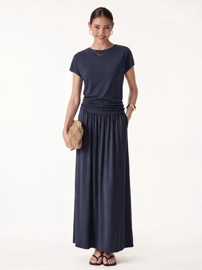 2Pcs Set Round Neck Top & A-Line Maxi Skirt with Pockets
