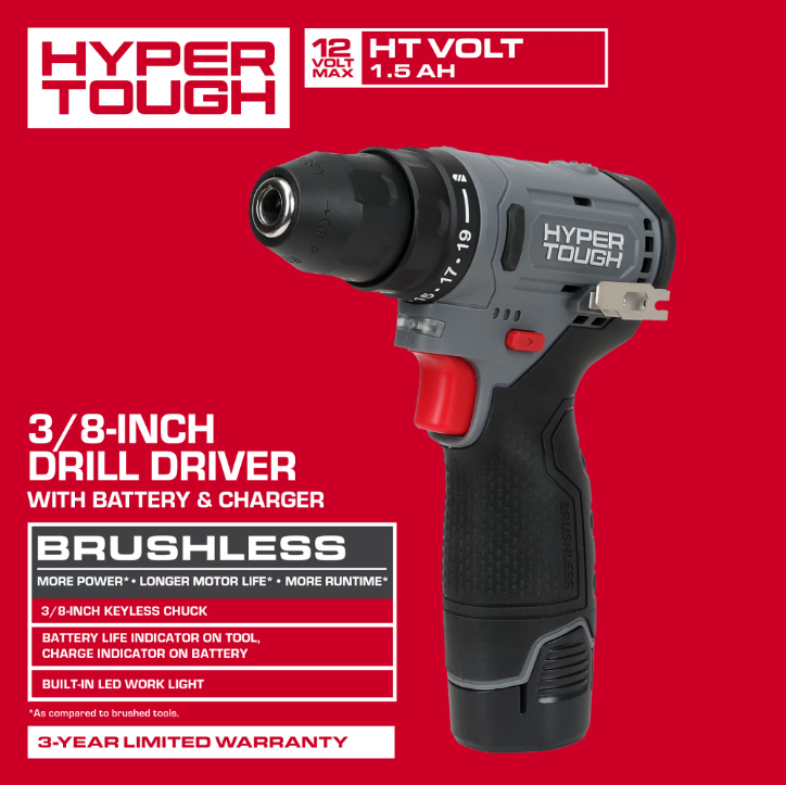 Hyper Tough 12V Brushless Cordless Drill Driver with 1.5Ah Battery