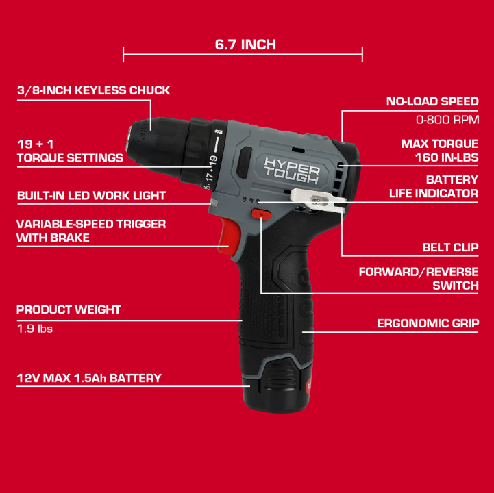 Hyper Tough 12V Brushless Cordless Drill Driver with 1.5Ah Battery