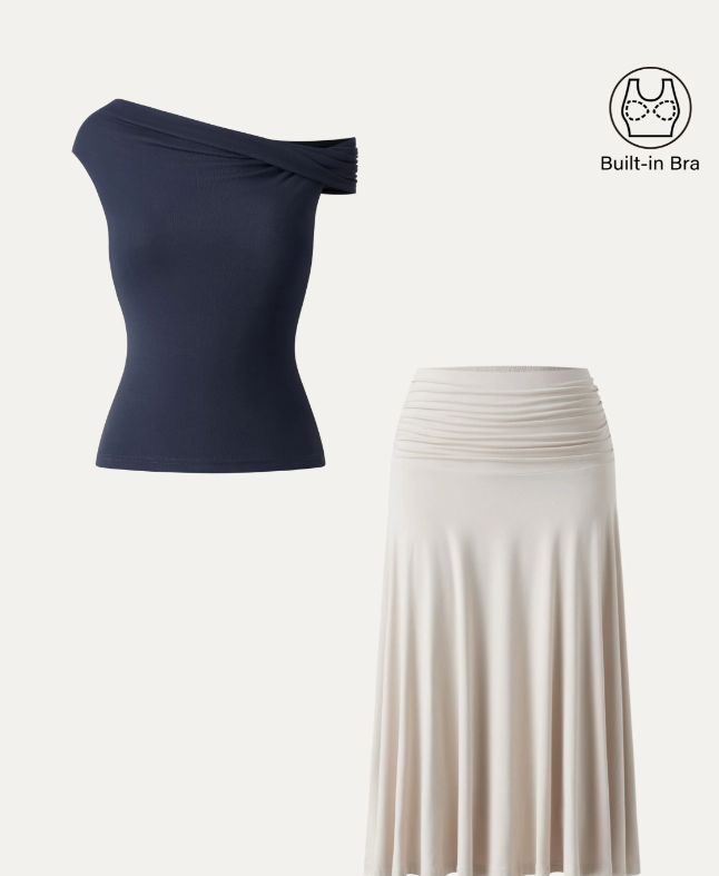 2Pcs Set Multi-wear Bra Top & Side Ruched A-line Midi Skirt