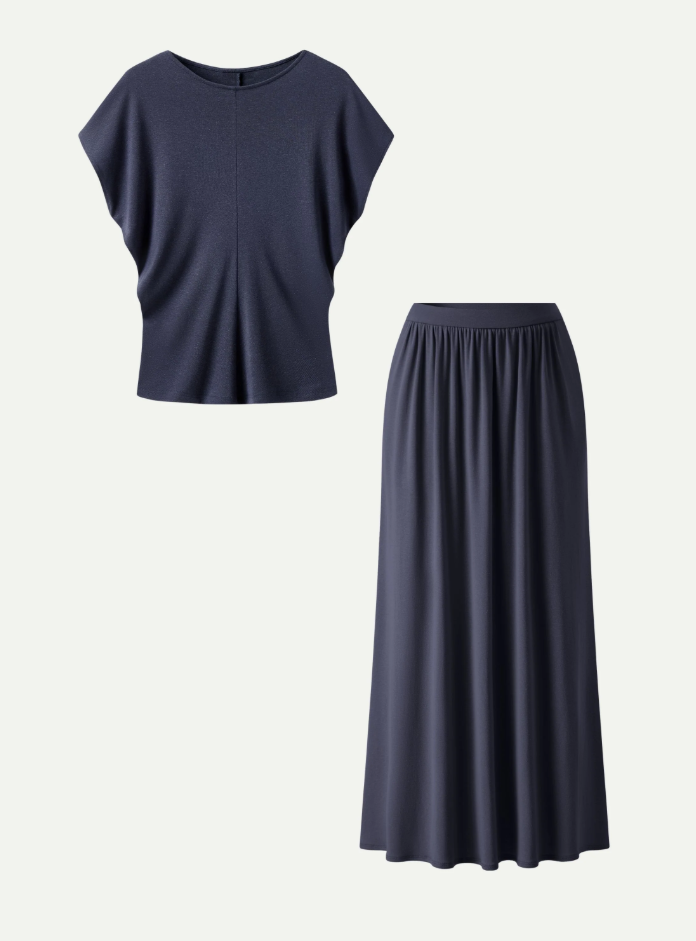 2Pcs Set Round Neck Top & A-Line Maxi Skirt with Pockets