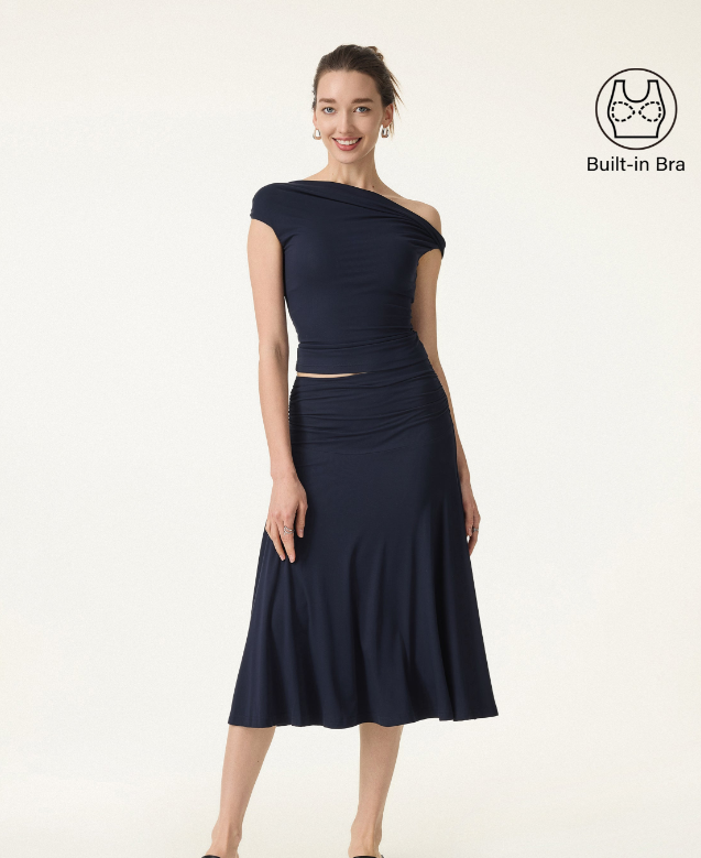2Pcs Set Multi-wear Bra Top & Side Ruched A-line Midi Skirt