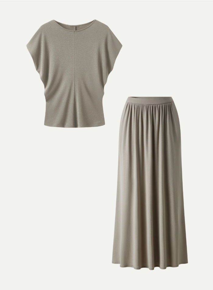2Pcs Set Round Neck Top & A-Line Maxi Skirt with Pockets