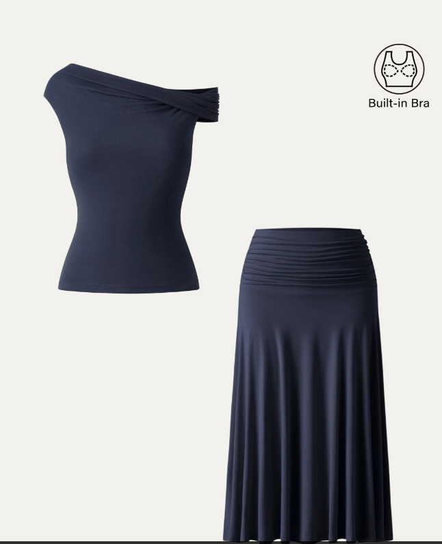 2Pcs Set Multi-wear Bra Top & Side Ruched A-line Midi Skirt