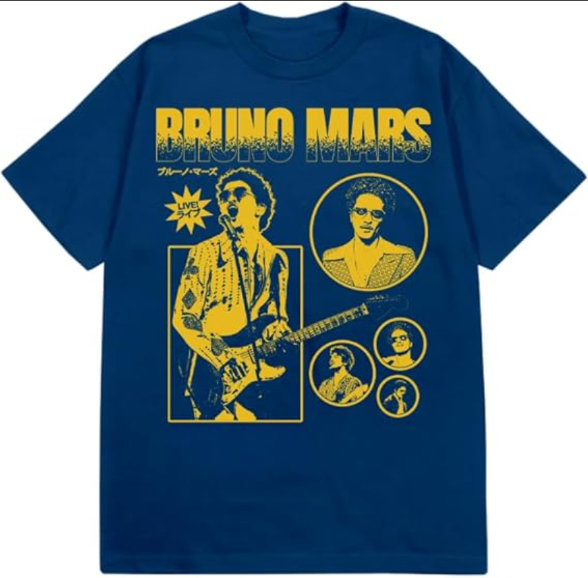Bruno Mars Unisex Adult Bruno Mars Official Merch Guitar T-Shirt, Blue