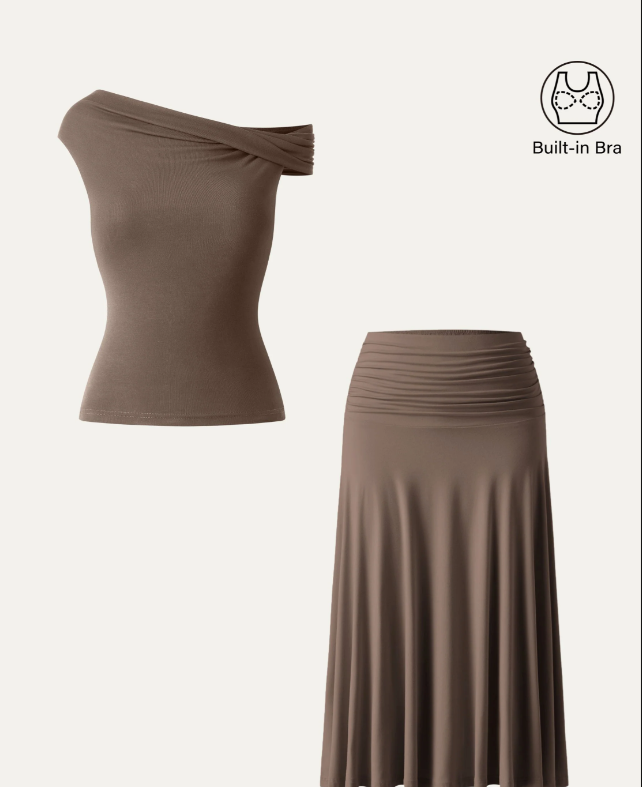 2Pcs Set Multi-wear Bra Top & Side Ruched A-line Midi Skirt