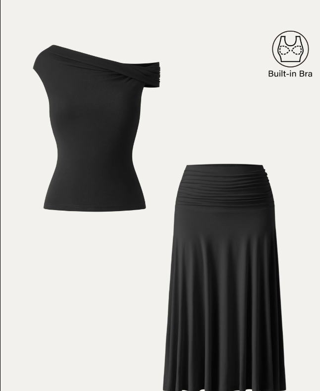 2Pcs Set Multi-wear Bra Top & Side Ruched A-line Midi Skirt