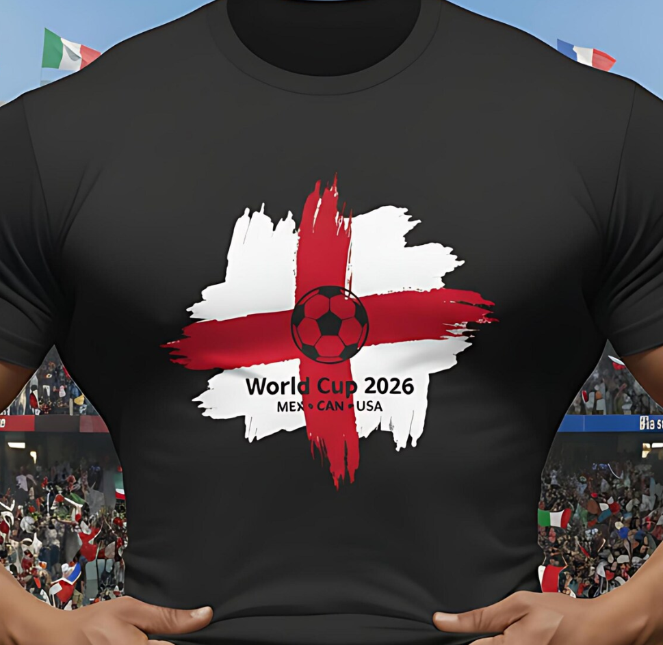 England World Cup 2026 Football T-Shirt, St George's Cross Brush Flag England Soccer Tee, Men's Women's Fan Shirt, UK Footy Supporter Top