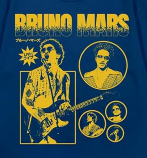 Bruno Mars Unisex Adult Bruno Mars Official Merch Guitar T-Shirt, Blue