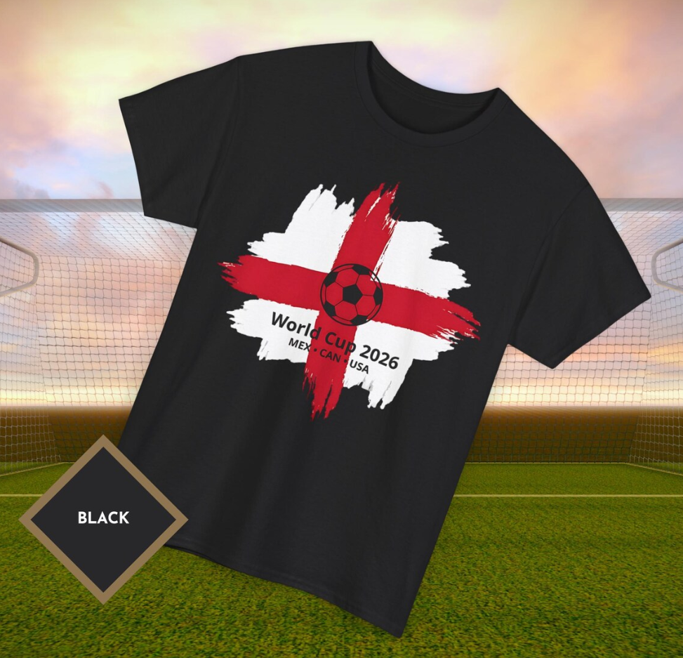 England World Cup 2026 Football T-Shirt, St George's Cross Brush Flag England Soccer Tee, Men's Women's Fan Shirt, UK Footy Supporter Top