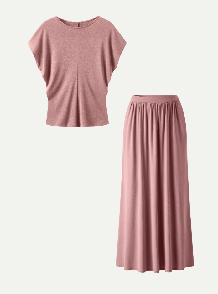 2Pcs Set Round Neck Top & A-Line Maxi Skirt with Pockets
