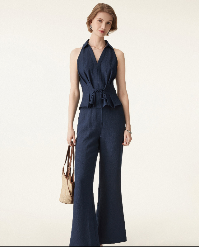 2Pcs Set Collared V-neck Sleeveless Top & Mid Rise Flared Pant with Pockets