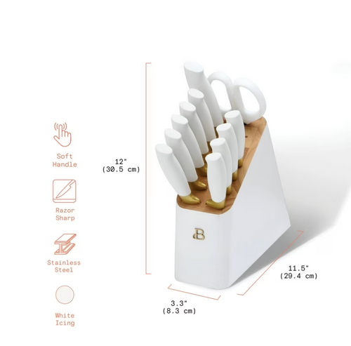 Beautiful 12 Piece Knife Block Set with Soft-Grip Ergonomic Handles White and Gold by Drew Barrymore