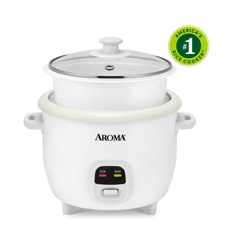 AROMA® 6-Cup Rice Cooker & Food Steamer with Bonded Granite Nonstick Ceramic & Pop-Up Steam Tray - White