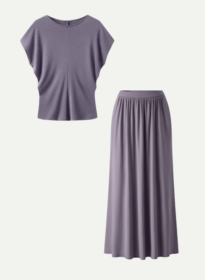 2Pcs Set Round Neck Top & A-Line Maxi Skirt with Pockets