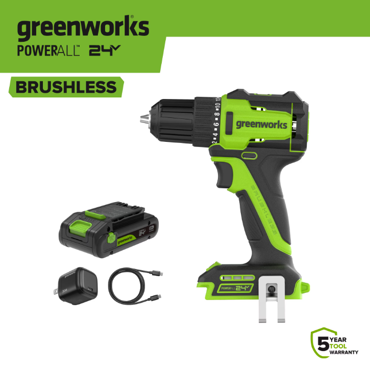 Greenworks 24V Brushless 3/8" Drill Driver with USB-C Battery, PowerAll
