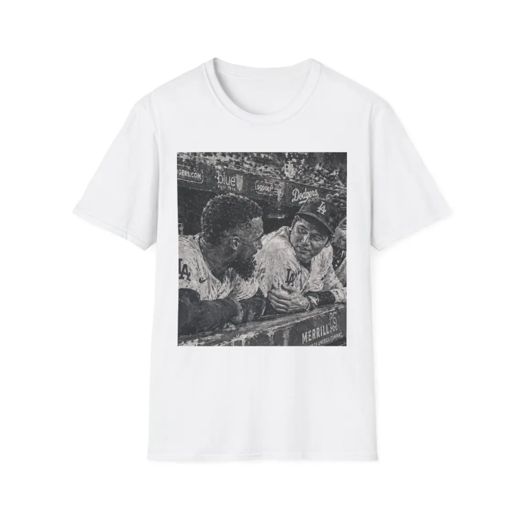 Vintage Baseball Players T-Shirt Painting of Retro Dugout with Shohei Ohtani and Tesocar Hernandez Photo Tee