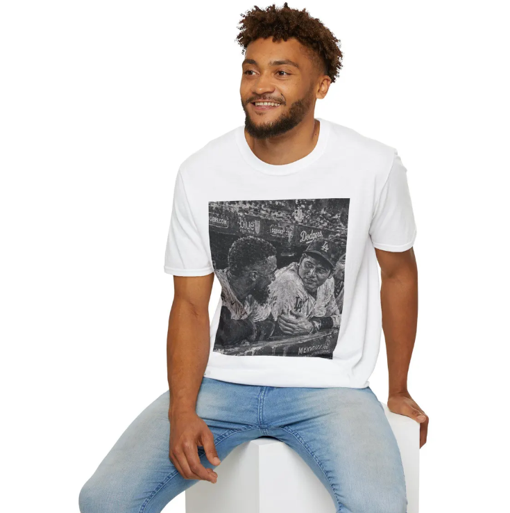 Vintage Baseball Players T-Shirt Painting of Retro Dugout with Shohei Ohtani and Tesocar Hernandez Photo Tee