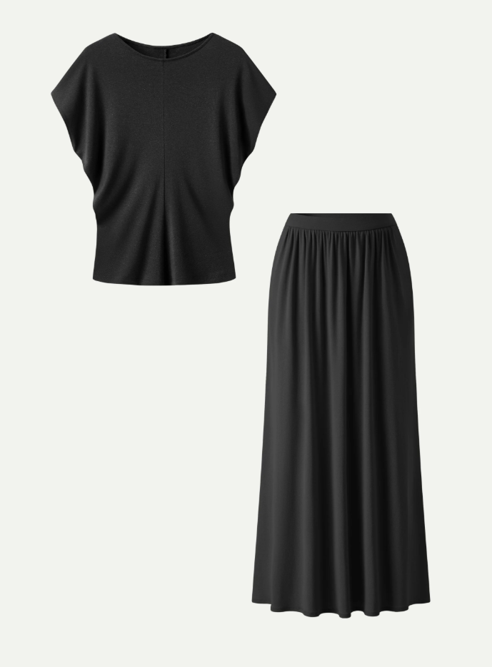 2Pcs Set Round Neck Top & A-Line Maxi Skirt with Pockets