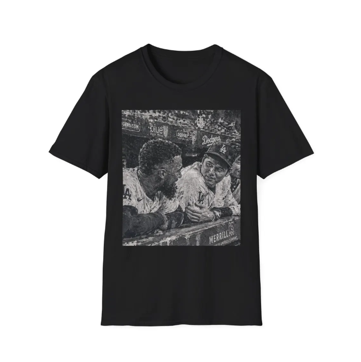 Vintage Baseball Players T-Shirt Painting of Retro Dugout with Shohei Ohtani and Tesocar Hernandez Photo Tee