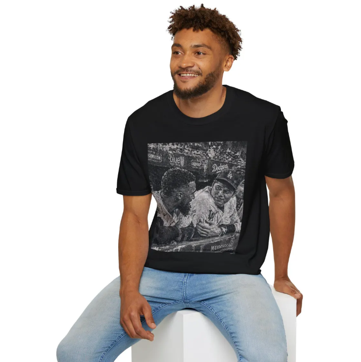 Vintage Baseball Players T-Shirt Painting of Retro Dugout with Shohei Ohtani and Tesocar Hernandez Photo Tee