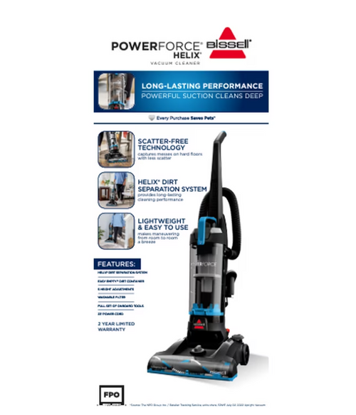 BISSELL PowerForce Helix, Bagless, Upright Vacuum, Pet Friendly, Scatter-Free Technology, Helix Dirt Separation System, Lightweight, 3313, Blue & Black